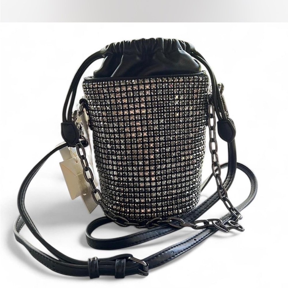 Black and Silver Mini Bucket Bag with Adjustable Strap